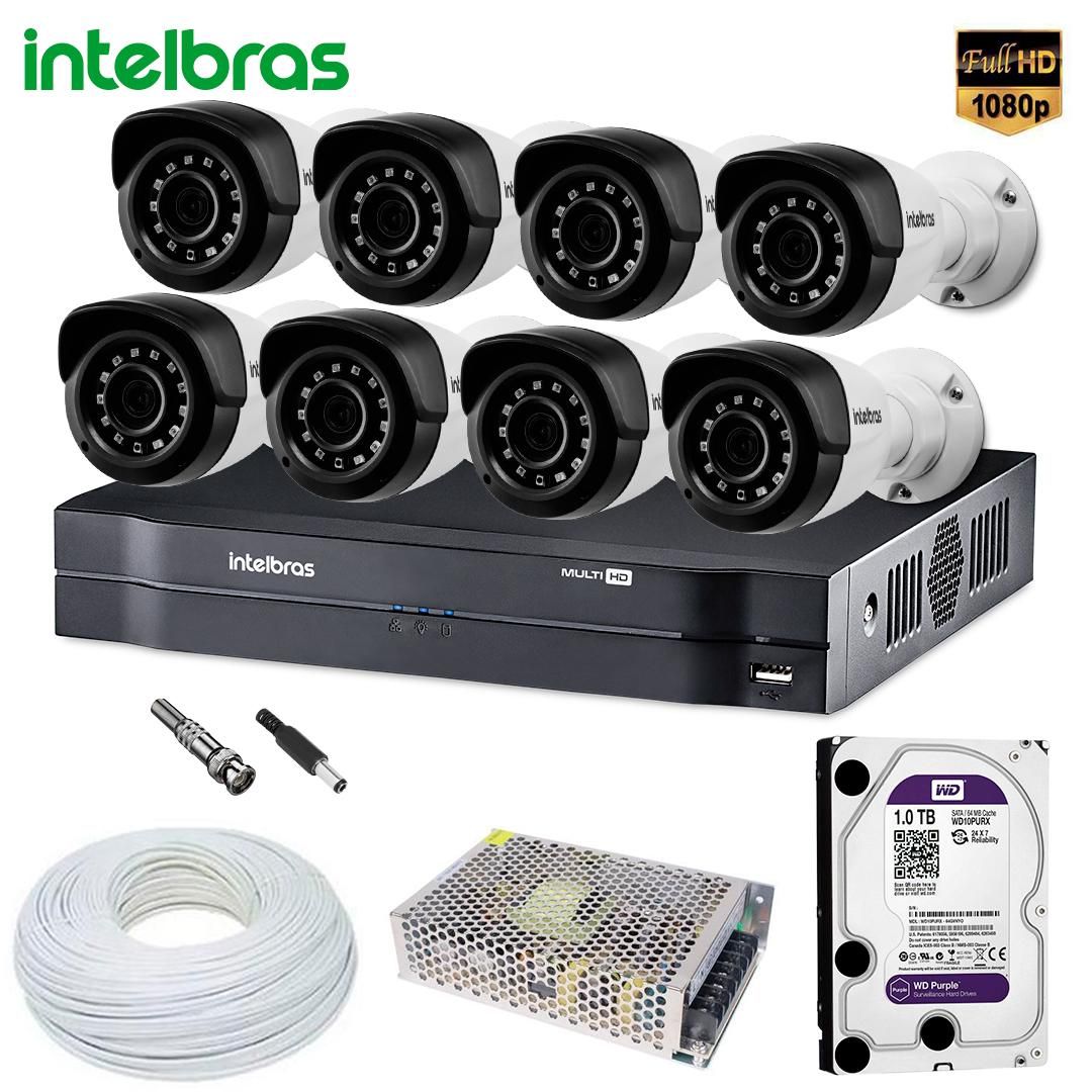 Kit 8 Cmeras Full HD Intelbras VMH 1220 Bullet 1080p Completo Com DVR MHDX 1108